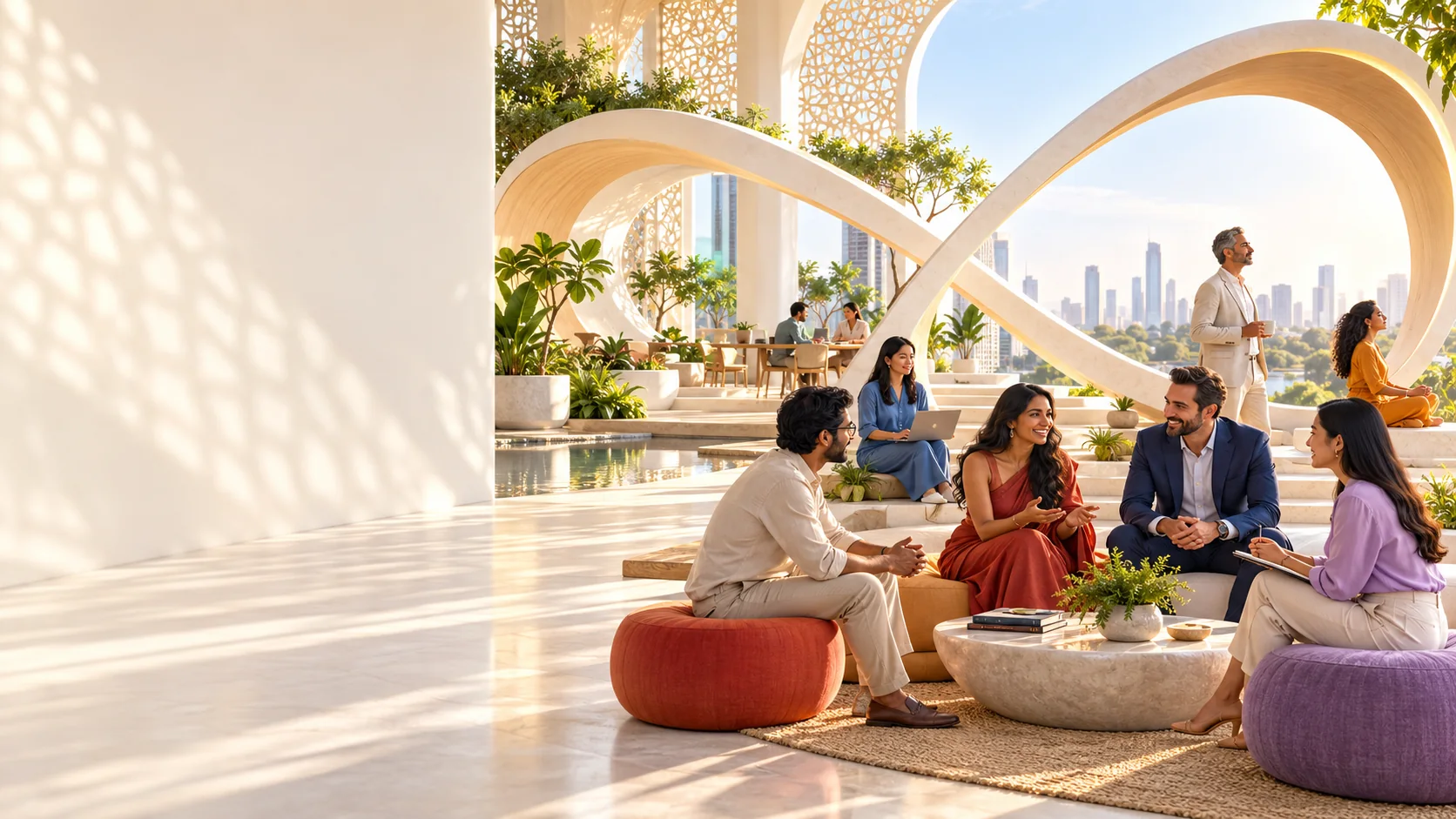 A diverse group of professionals connecting within luminous infinity-inspired architecture
