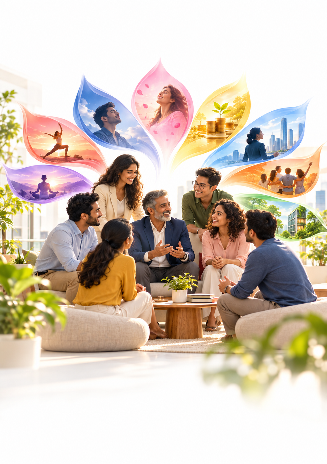 A diverse group of professionals in conversation, framed by eight coloured petals representing wellbeing dimensions